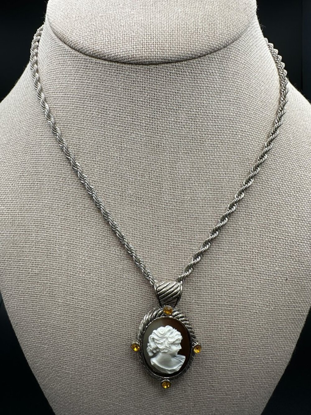 Cameo Pendant Necklace 18” Long Silver Tone Chain Rhinestones White Carved Lady